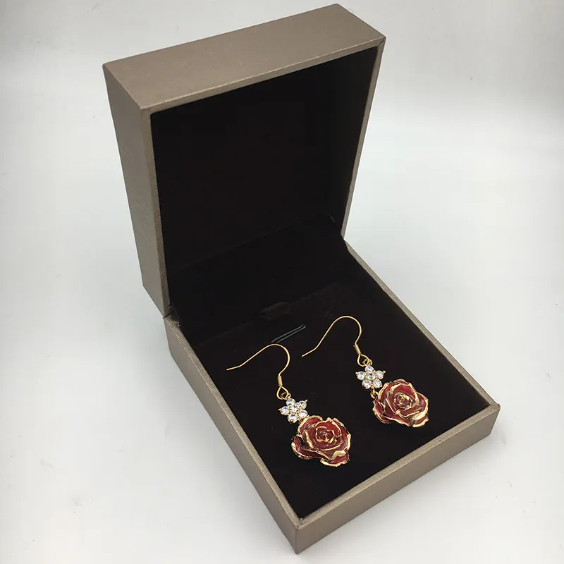 24K Gold Plated Natural Red Real Rose Earrings with diamond for wedding and party gifts