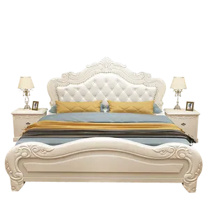 Ensemble de meubles de chambre à coucher en cuir véritable, sculpté en bois antique royal de luxe européen, lit d'hôtel 5 étoiles, personnalisable