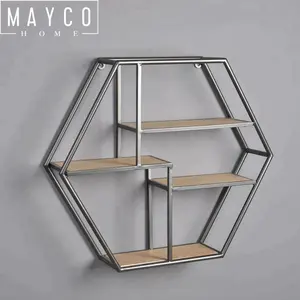 Mayco rústico de madera y Metal de montaje en pared hexágono estante de exhibición para la casa