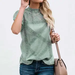 T-shirt Blouse en dentelle ajourée pour femme, tenue à la mode, vente directe d'usine, été,