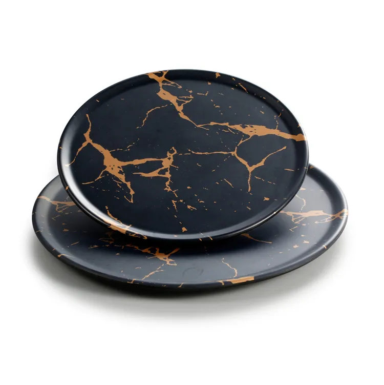 Assiette plate ronde en marbre noir en mélamine nouveau design de restaurant vente en gros