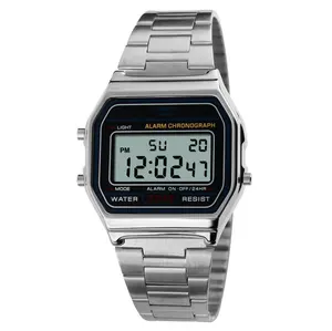 新款时尚男士腕表数码报警日本机芯石英手表不锈钢带Led通用手表
