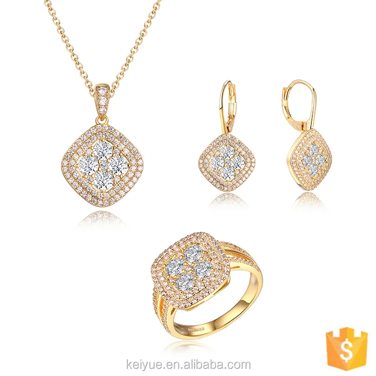 Keiyue Mỹ Arabic CZ Micro Pave kim cương đám cưới Bộ đồ trang sức 2024 mạ Vàng vuông trang sức Set