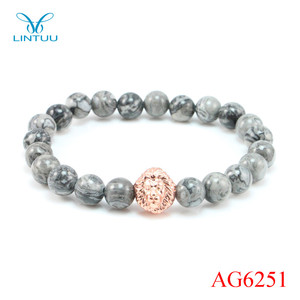 Piedra preciosa de la manera rose gold lion head pulseras de cuentas 8mm cuentas de ónix gris lion head pulsera para hombres - Product Image 1