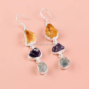 ต่างหูพลอยสเตอริ่งสีเงิน925ซิทรีนธรรมชาติอเมทิสต์อเมทิสต์อัญมณีหยาบเครื่องประดับเงินแท้ทำมือ - Product Image 1