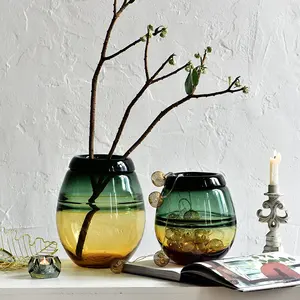 Bixuan 花瓶混合颜色绿色黄色手工玻璃花瓶折叠边缘装饰罐子形状表焦点 20.5 x 23厘米