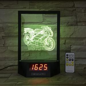 לייזר אקריליק חריטה אופנוע צורה שליטה מרחוק 3d הוביל מנורת שולחן עם שעון מעורר זמן - Product Image 4