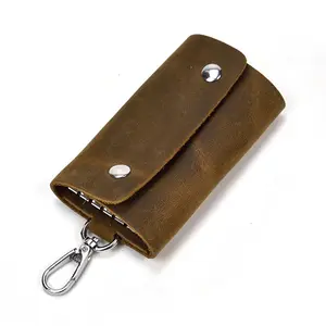 Unisex Crazy Horse Leather Multifunction Zip Key Pouch Wallet Keychain Coin Purse