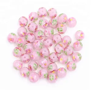 12mm <strong>Round</strong> Pink Floral Crystal Lampwork Glass Loose <strong>Beads</strong> for Jewelry Kits - Product Image 1