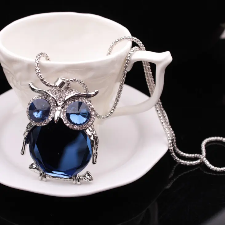 Factory Wholesale High quality Crystal Owl Royal Blue Color Hearts Charm pendant Necklace