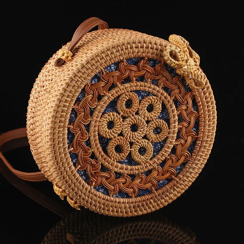 2021 Mode Frauen Sommer Böhmen Handtasche Bali Rattan Tasche Handgemachte gewebte Strand Cross Body Runde Stroh Taschen