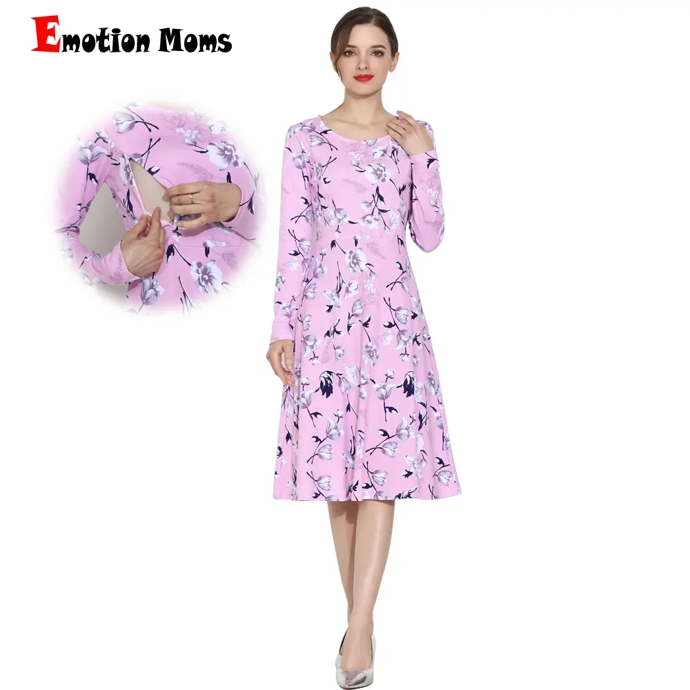 Stock Wholesale Long Sleeve Maternity Dress Women Lactation Wear Floral Knitted Zipper Built Breastfeeding Nursing Clothes