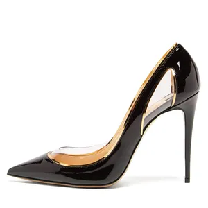 Nhà Máy Cộng Với Kích Thước Gót Rõ Ràng Tòa Án Giày Stiletto Gót Ladies Toe Nhọn Bằng Sáng Chế Da Sáng Bóng Đen Cao Gót Bơm Phụ Nữ