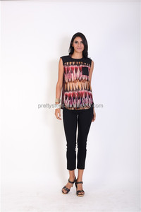 Pasos bastante 2015 de gama alta de <span class=keywords><strong>la</strong></span> gasa de <span class=keywords><strong>la</strong></span> mujer sin mangas <span class=keywords><strong>plume</strong></span> impreso plisado blusa superior - Product Image 1