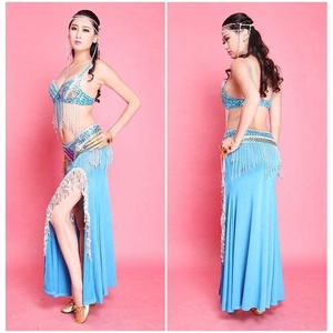 Bestdance 2/3 Fotos Sutiã + cinto Artesanal Frisado Dança do Ventre Conjuntos de Traje Top Saia Quadril Lenço 7 Cores - Product Image 5