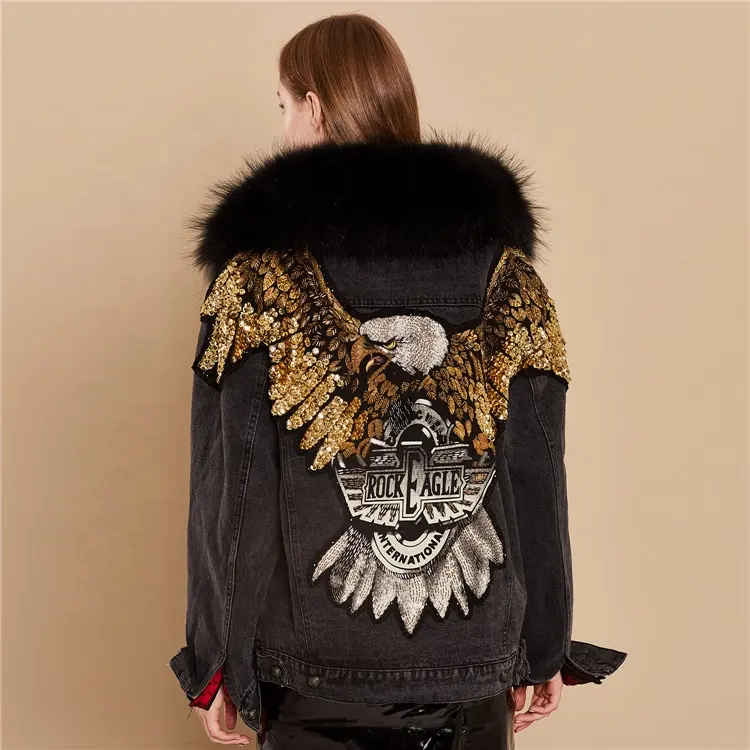 Thiết Kế Mới Nhất Áo Khoác Denim Phụ Nữ Giản Dị Shiny Eagle Chắp Vá Bất Fox Fur Coat Siêu Ấm Lót Lông Parka Màu Đen Mùa Đông Áo Khoác