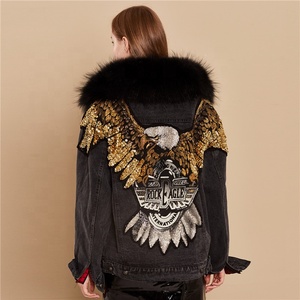 Latest Design Denim Jackets Casual Women Shiny Eagle Patchwork Real Fox Fur Coat Super Warm Fur Lined Parka Black Winter Jacket