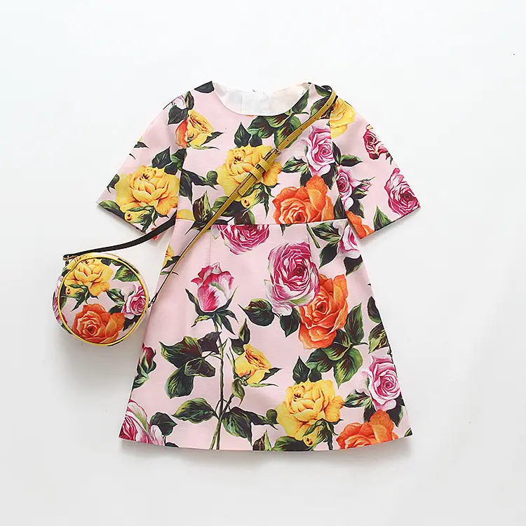 Ivy10371A Mùa Hè 2019 Trẻ Em Gái Rose Printed Dress Với Túi Phong Cách Châu Âu Bé Gái Thời Trang A-line Dress