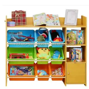 Functional children toddler book shelf wooden kids toy storage organizer with 9 plastic bins