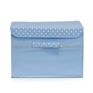 Foldable गैर बुना कपड़े भंडारण बॉक्स ढक्कन और संभाल के साथ, (ब्लू सफेद डॉट के साथ)