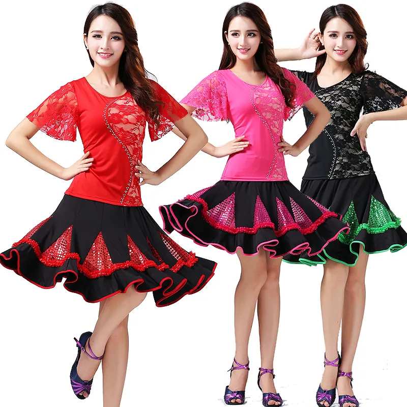 Women Ballroom Dance Costume Set Blouses & Skirt Adult Latin Dance Performance Wear Competition Cha Cha Tango Waltz Lace