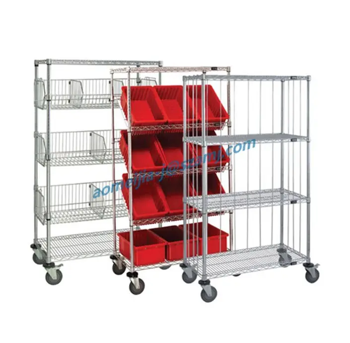 4-Tier assembly basket industrial wire shelving with four wheels