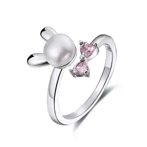 BAGREER SCR078 de moda de piedras preciosas de color rosa conejo anillo de dedo niñas bowknot 2019 de plata esterlina personalizado anillo