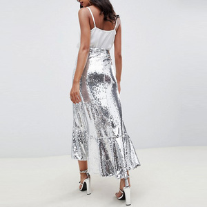 High Shine Embroidered Natural Waist Casual High Low <strong>Skirt</strong> in <strong>Silver</strong> Ladies Metallic Maxi <strong>Skirt</strong> - Product Image 3