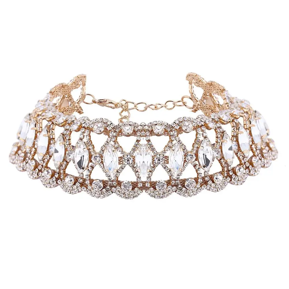 2018 Luxury Punk Flower Crystal Rhinestone Choker Collar Women Gold Silver Chain Necklace Statement Wedding Chocker Jewelry