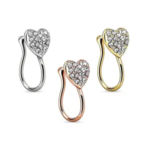 Fashion Crystal Jewelled Brass Heart Nose Hoop Gems Jewelled Heart Nose Ring Piercing Rhinestone Hoop Nose Rings
