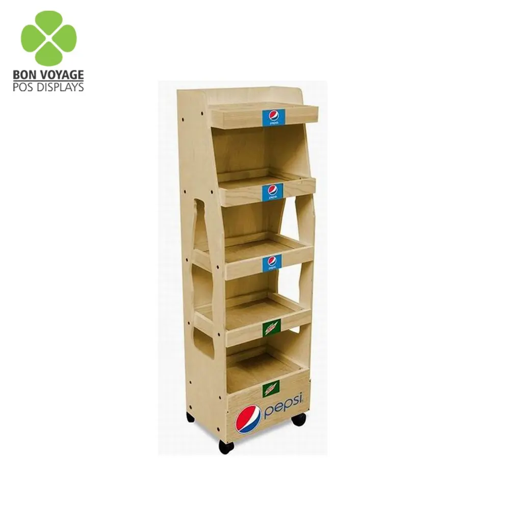 Retail pos pop up 4 shelves wood merchandise beverage display racks with wheels