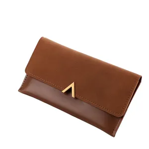 2019 New Style Hot Selling China Suppliers Scrub PU Leather Lady Purse Card Holder Money Clip 3 Fold Brown Long Wallet