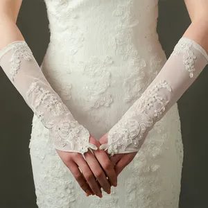 9300-90 Wedding Bridal Gloves Party Flower Pearl Lace Stretch Satin Long Fingerless Gloves Ivory