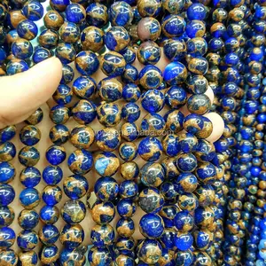 SB6601 Lapisblau Gold Draht quant Stein runde Perlen, Königsblau & Gold Mosaik Stein Perlen