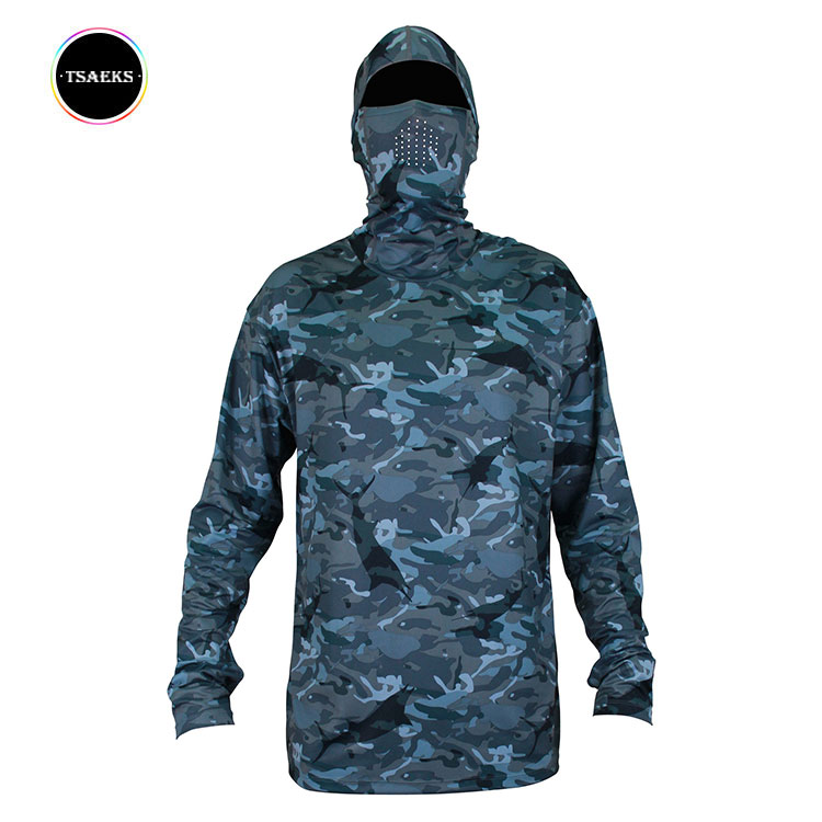 Мужской рыбацкий производительность быстро сохнут с капюшоном с длинным рукавом камуфляжного цвета для рыбалки