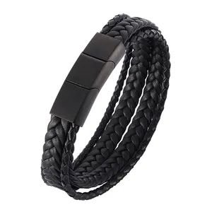 Fashionable Jewelry Multi Layer Leather Braided Bracelet Stainless Steel Black Magnet With Genuine Leather Bracelet Men