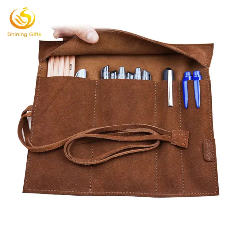 विंटेज रेट्रो रोल प्रकार चमड़े श्रृंगार/कलम/पेंसिल धारक आयोजक कॉस्मेटिक ब्रश बैग