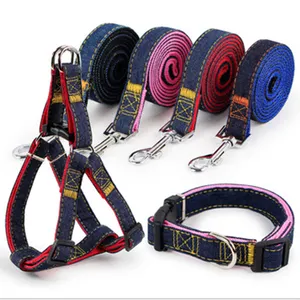 In America di Vendita Caldo Prodotti Per Animali Domestici 120 CENTIMETRI Jean Materiale di Nylon Cablaggio Del Cane Al Guinzaglio Set Collare Con Il Nero/Rosso/colori blu/Rosa