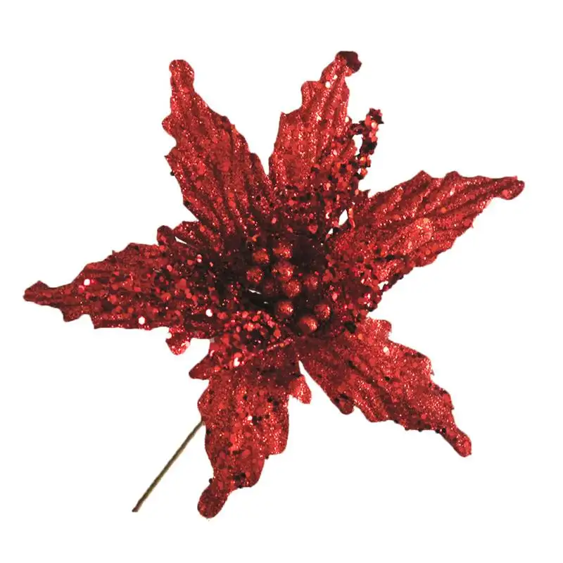 Glitter Christmas Flower Plastic Poinsettia ornament for Wreath and Tree decoration