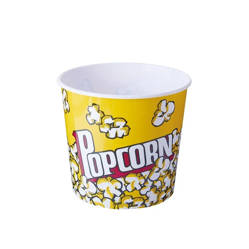 Saco de popcorn de plástico personalizado fabricante, venda quente impressão personalizada de parede única descartável popcorn balde com tampa