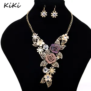 Mode Multilayer Gold Lila Kristall Strass Leave Bohemia Flower Statement Halsketten Ohrring Schmuck Set Für Frauen Hochzeit