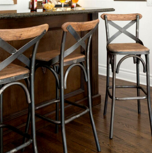 American Style <strong>Vintage</strong> Cross Back bar Stool, Solid Wood Seat Metal Frame High Feet Cafe bar <strong>Chair</strong>