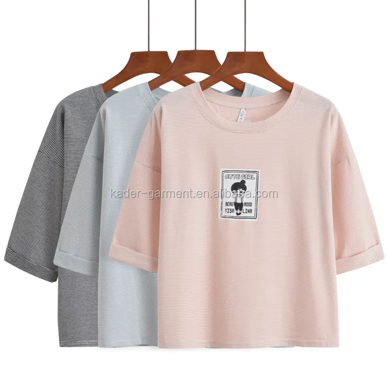 wholesale custom stripe Korean cute girl printed t-shirt