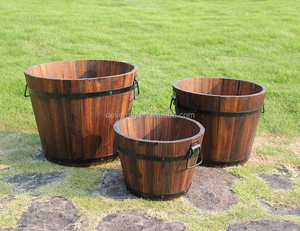 <strong>Outdoor</strong> Solid Cedar Wood Barrel Set of 3 Planter Set Wood Flower Pots Wood Barrel Planter - Product Image 1