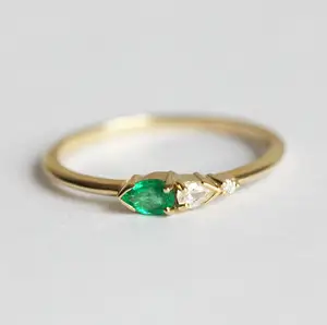 Factory Wholesale 14K Yellow Gold Green Stone Very Thin Ring