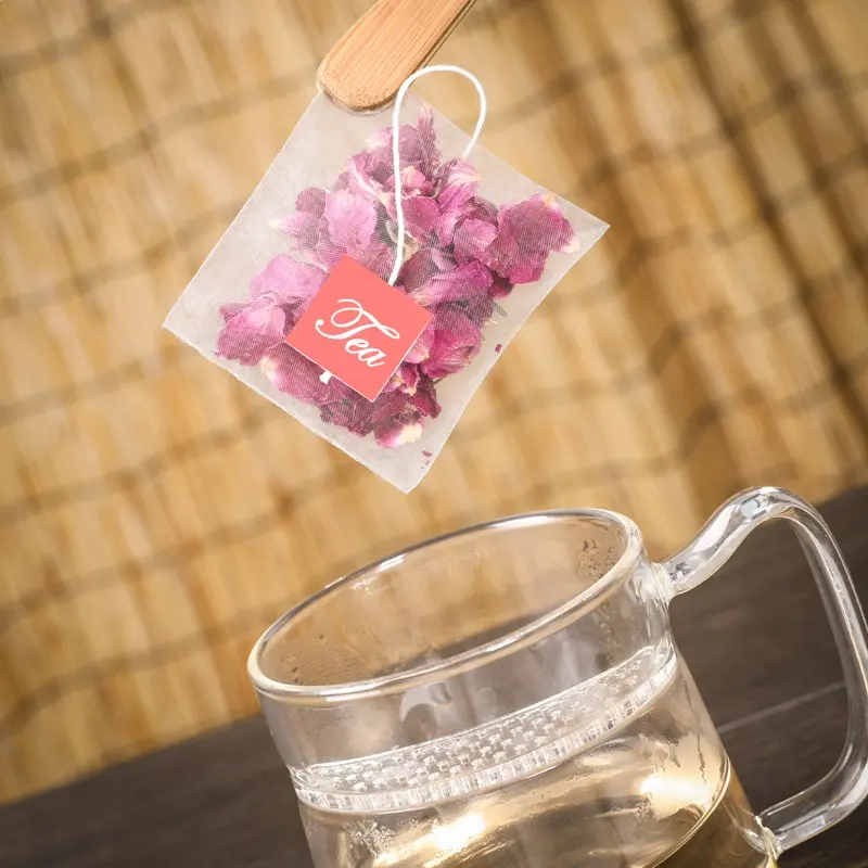 Biyobozunur çay poşeti boş mısır elyaf piramit çay poşetleri dize ile çay paketleme için