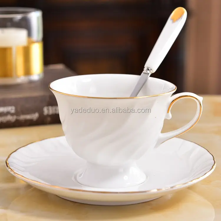 Hotel porcelain plain color coffee cups and saucer set 160 ml ceramic gold tea cup dish sets