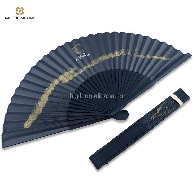 Für Hotel Gehobene schwarze Bambus Gold Farbdruck papier chinesische Hand Fan