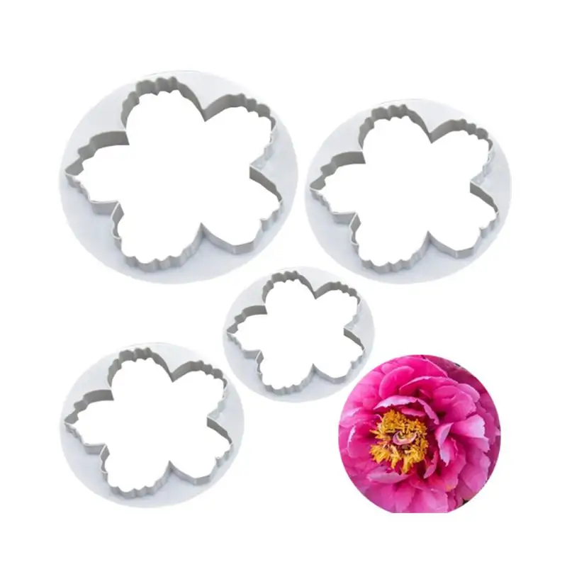 Lixsun 4 Piece Peony Flowers Fondant Cake Sugarcraft Decorating Plunger Plastic Cookies Cutter Sets Stamp Mold