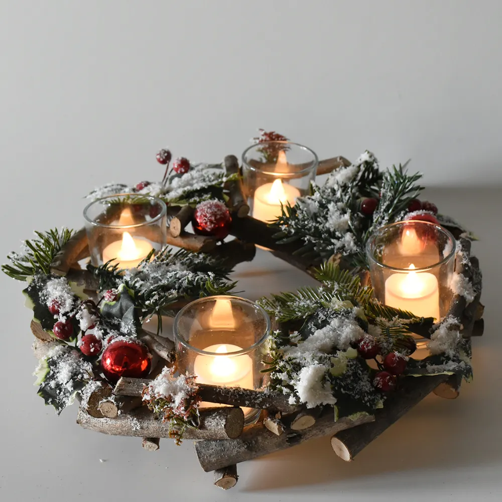 BSCI الطبيعية الخشب الحرفية اليدوية ornamenttable الاصطناعي عطلة جولة عيد الميلاد شمعة حامل